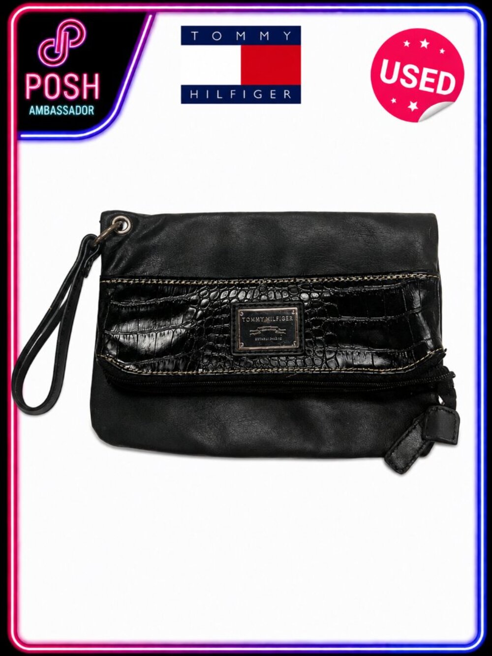 ⭐ Tommy Hilfiger Black Fold Over Wristlet Clutch Purse | Faux Croc Accent Women